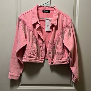 bright ping cropped jean jacket with sparkle rhinestone tassels